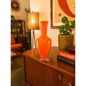 Vintage Mid Century Art Glass Bud Vase Orange Hand Blown Glass Retro MCM 7"